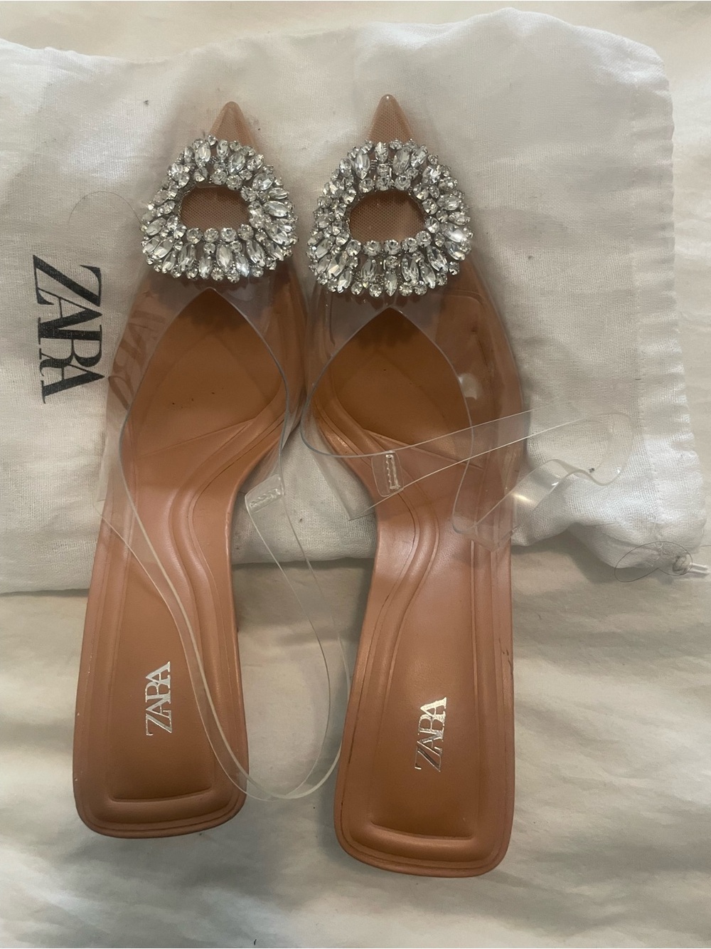Zara Clear Pointed heels with Crystal broach - Nude